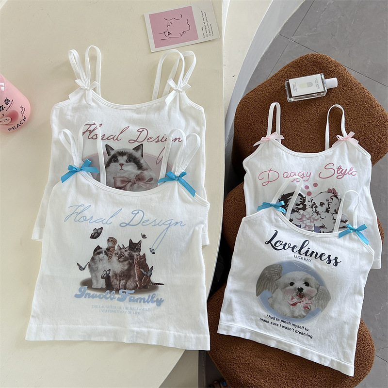 6655# pure desire sexy sling vest with chest pad cute printed cartoon white hot girl beauty back inner wear outer wear