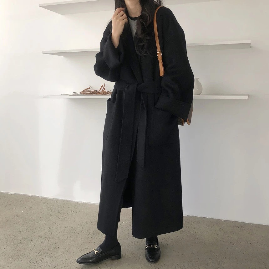 South Korea Dongdaemun 2023 autumn and winter New lace-up cashmere coat Women's Mid-length loose over-the-knee woolen coat_voghion.com
