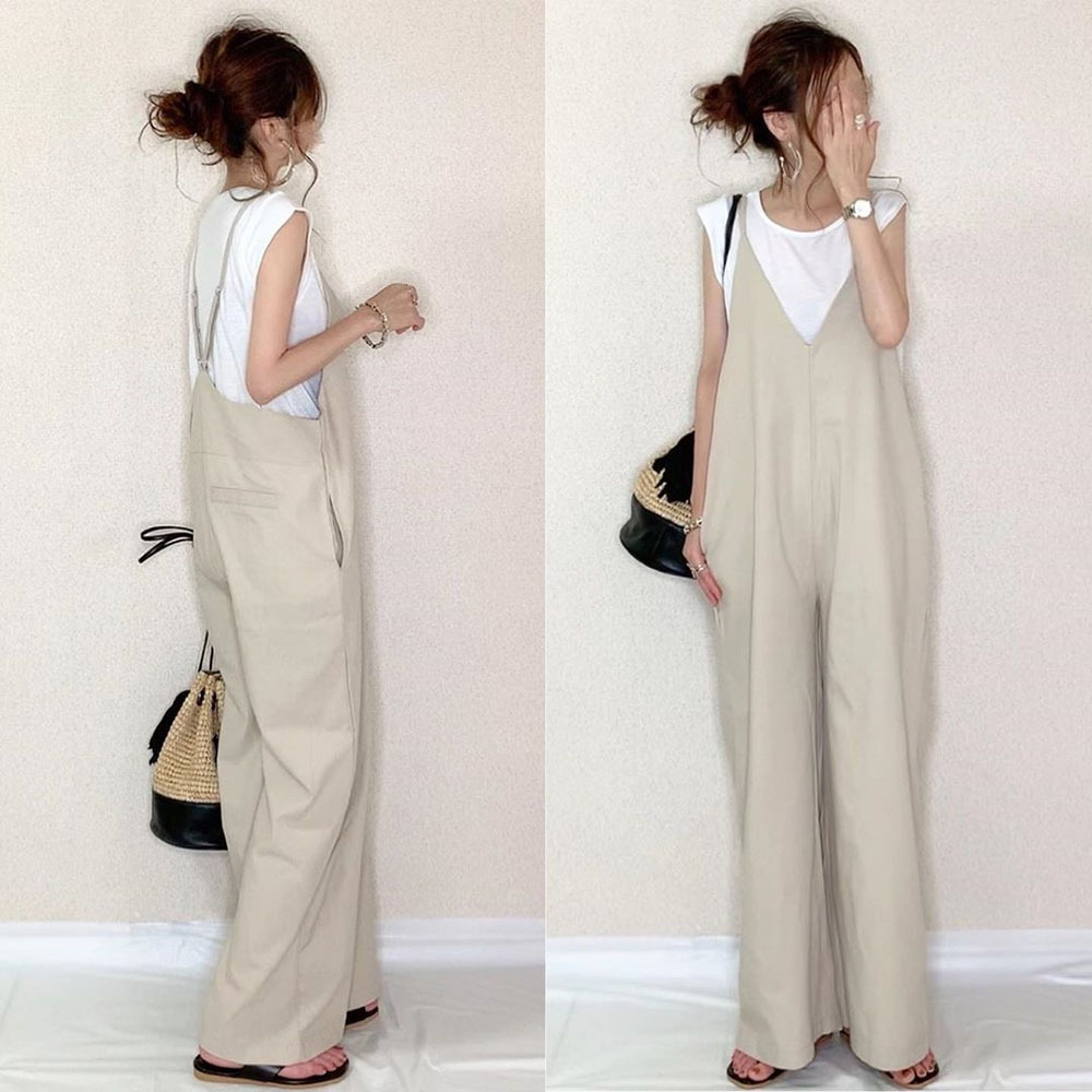 Cross-border Trade Jumpsuit 2024 Summer New Japanese Women's Sling Pants Solid Color Casual Loose Wide-leg Pants