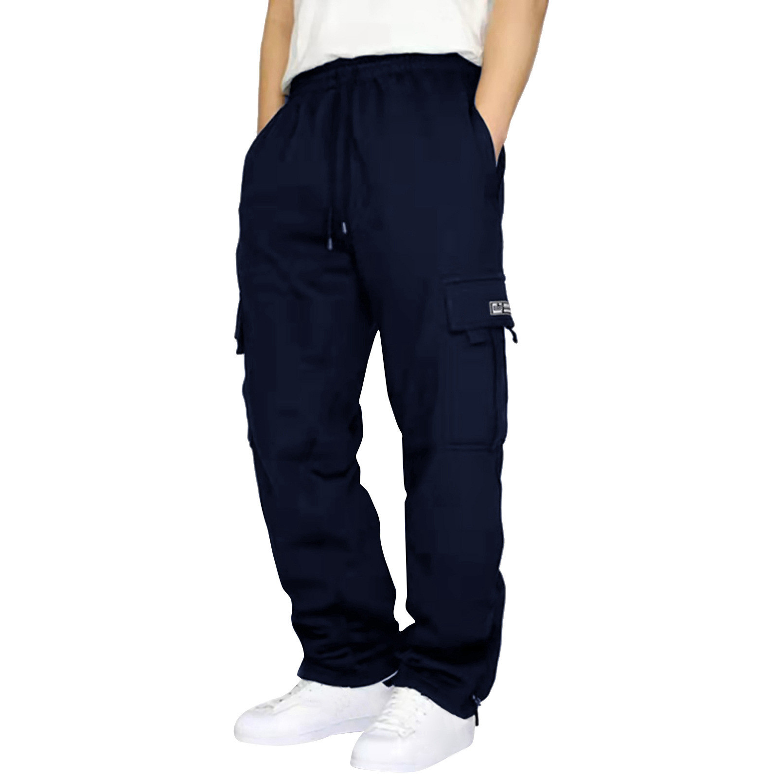 2023 cross-border new sports casual trousers fleece-lined ankle-tied multi-pocket lace men's loose overalls trousers