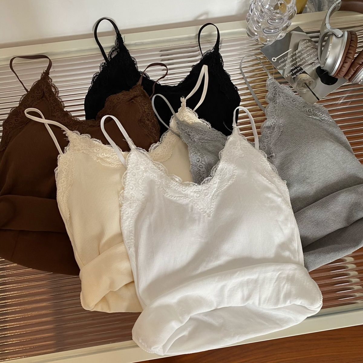 Lace camisole with chest pad French V-neck beauty back wrapped chest outer wear adjustable slim bottoming top for women