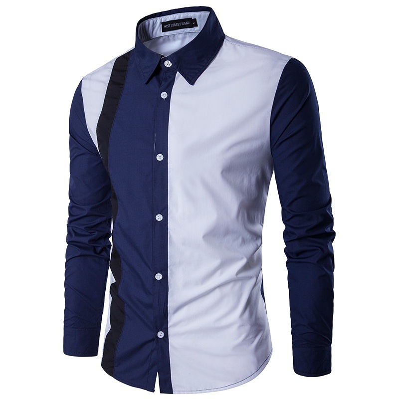 2024 New Foreign Trade Men's Fashion Stitching Shirt Spring and Autumn Long Sleeve Lapel Casual Slim Button Shirt