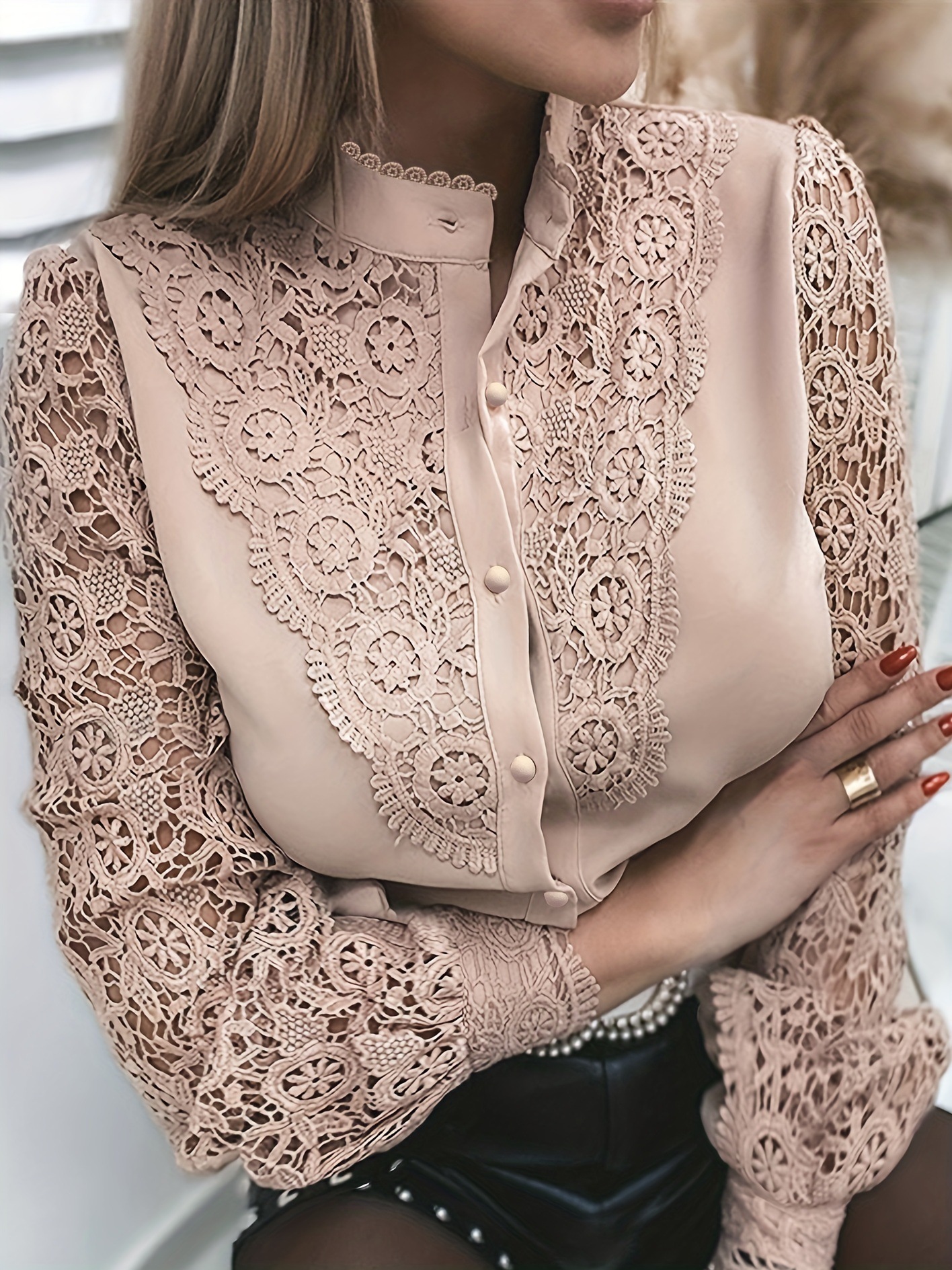 Manufacturer in stock European and American cross-border Amazon autumn and winter new women's shirt long sleeve round neck hollow lace shirt