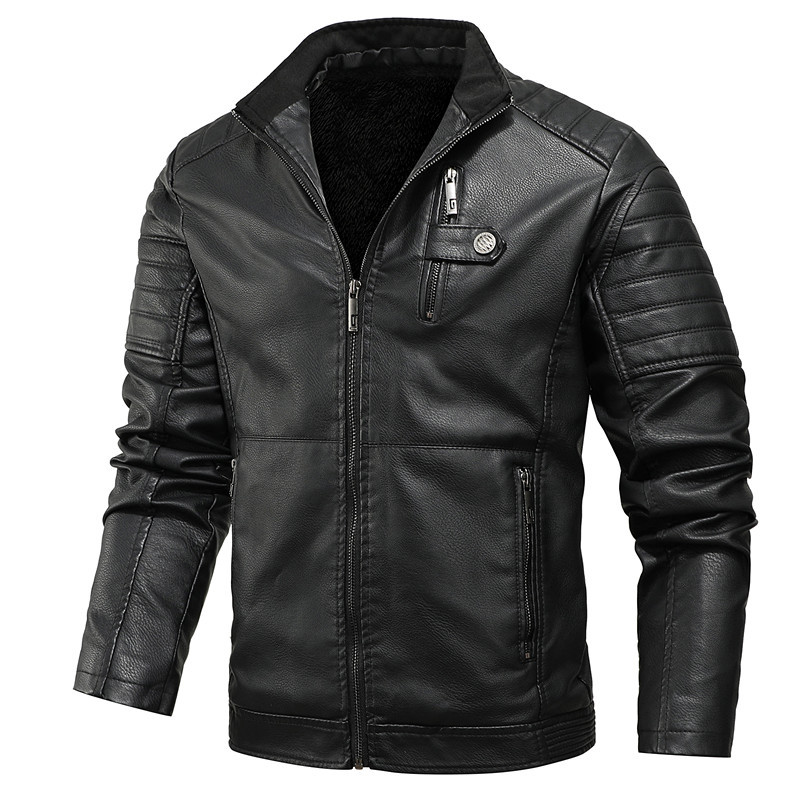 Autumn and Winter new men's fleece-lined leather coat men's youth casual stand collar men's workwear leather coat