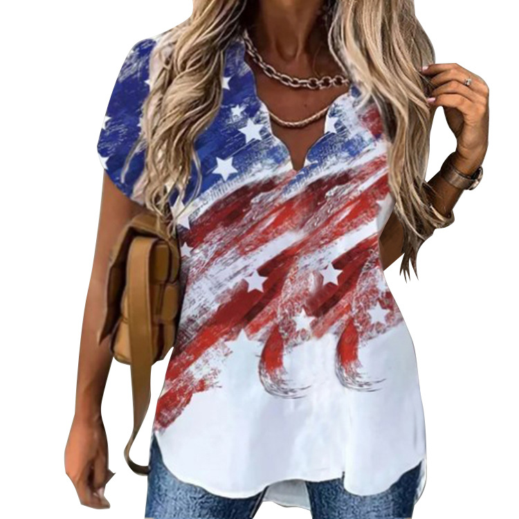 2024 Amazon cross-border European and American autumn new women's short-sleeved loose printed wave collar printed women's T-shirt