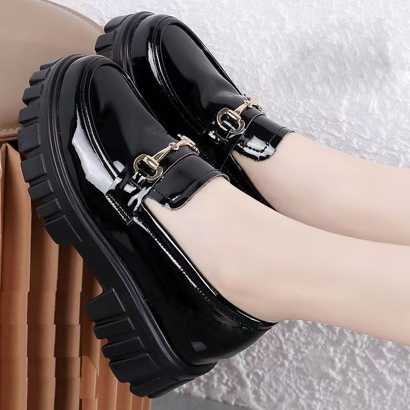 Small Leather Shoes Women's Style Black Single-layer Shoes Thick-soled One-step Loafers Shows High Student Women's Platform Shoes