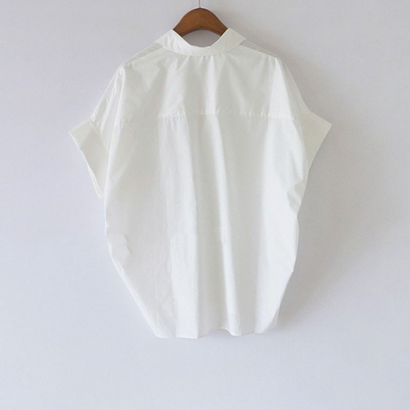 Vintage Hong Kong Style Short Sleeve Shirt Women's Summer New Style All-match White Shirt Loose Bat Sleeve Collar Top