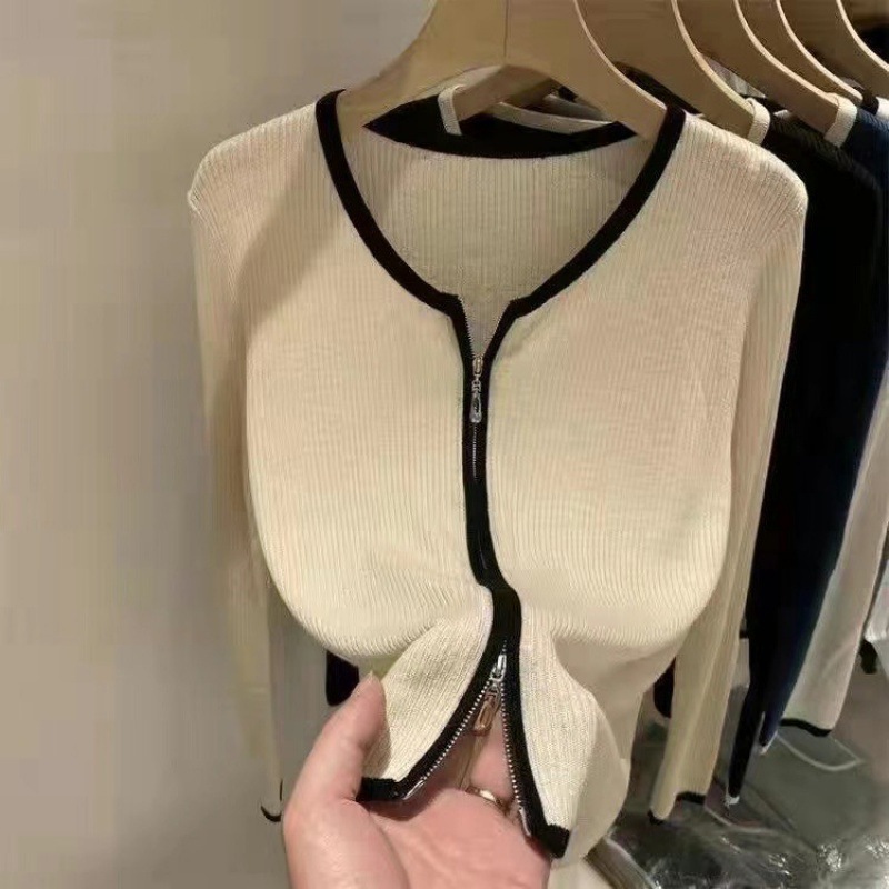 College Wind Knitted Cardigan Long Sleeve T-Shirt Early Autumn Women's 2023 New Threaded Zipper