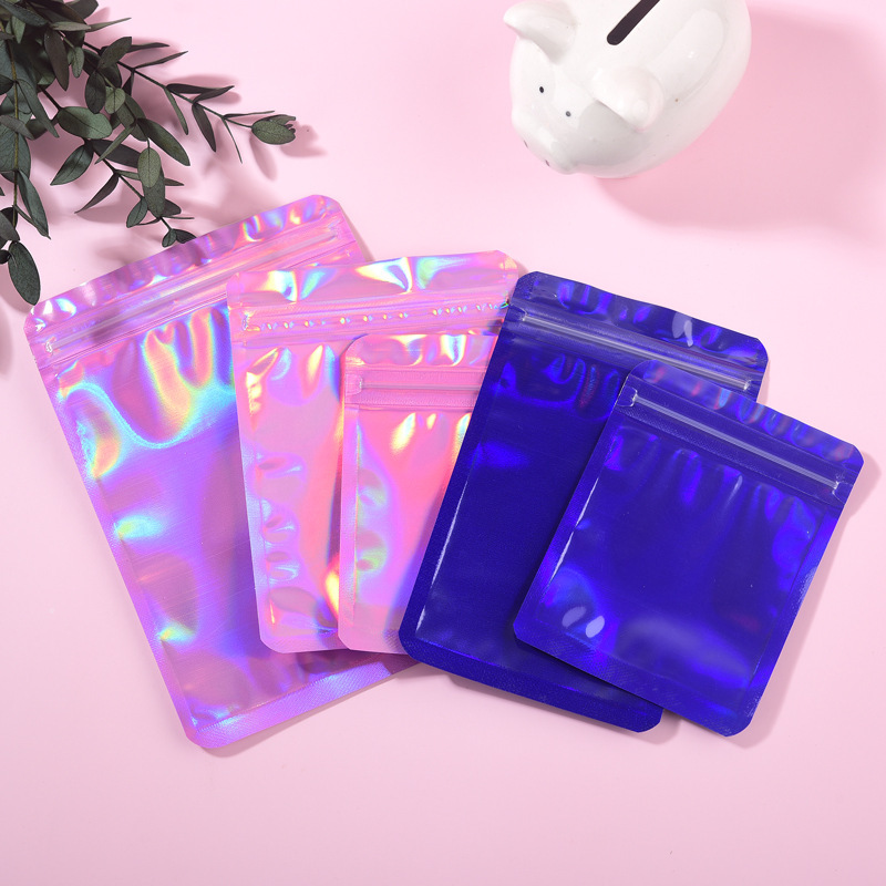 Pink Laser Self-sealing Bag Cute Jewelry Thickened Transparent Plastic Sealed Bag Beauty Makeup Lighter Packaging Bag small size