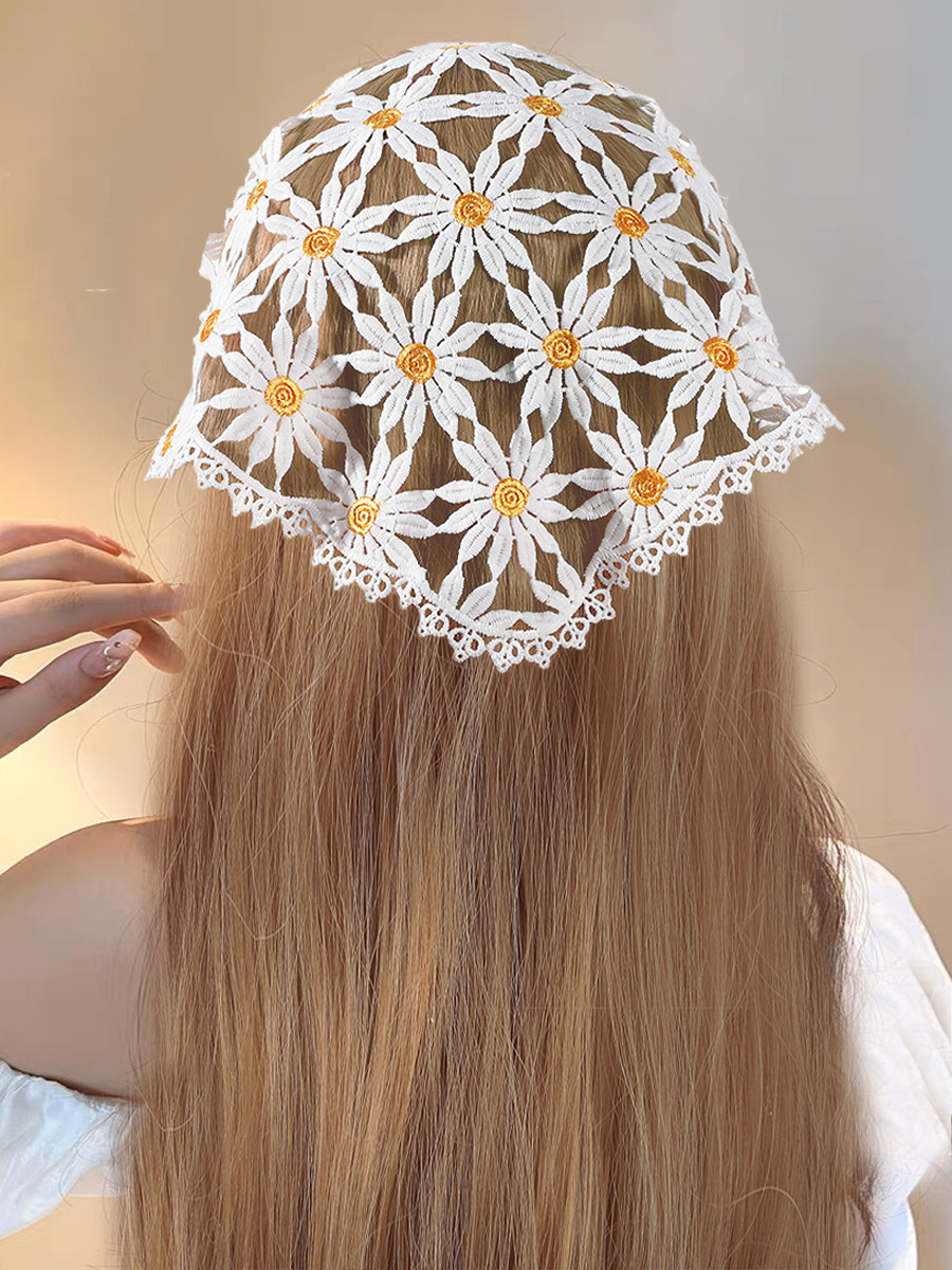 Fashionable Summer Thin Daisy Hollow Triangle Scarf Hair Band Girl Style Flower Lace Scarf Solid Color Band