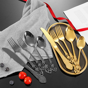 Imperial Court Tableware Cross-border 410 Stainless Steel Spoon Fork Hollow Retro Relief Imperial Court 5-piece European Steak Knife, Fork and Spoon