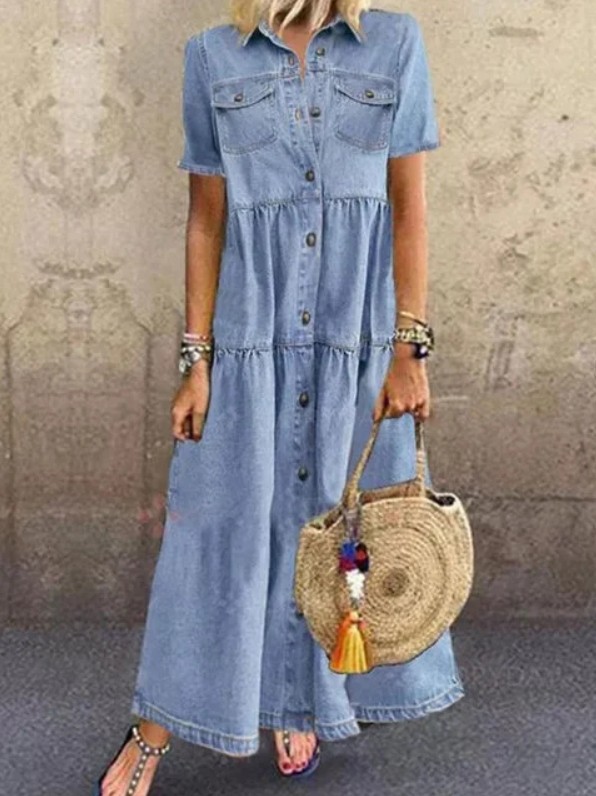 2024 independent station AliExpress new European and American Denim style long multi-button distressed dress