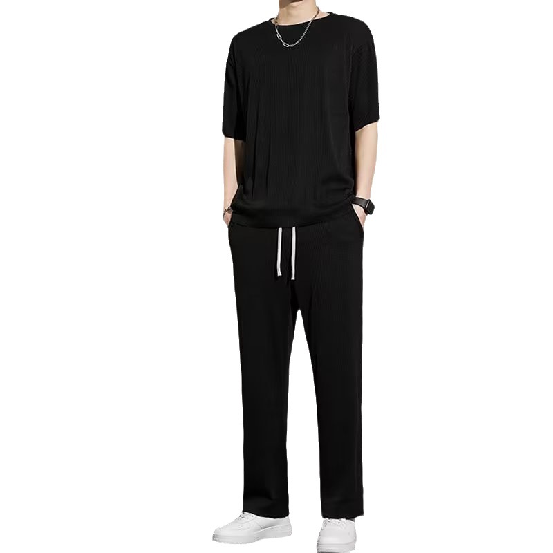 2023 New Summer Ice Silk Sports Suit Men's Short Shirt Trousers Thin Draping Quick-drying Running Casual Two-piece Set