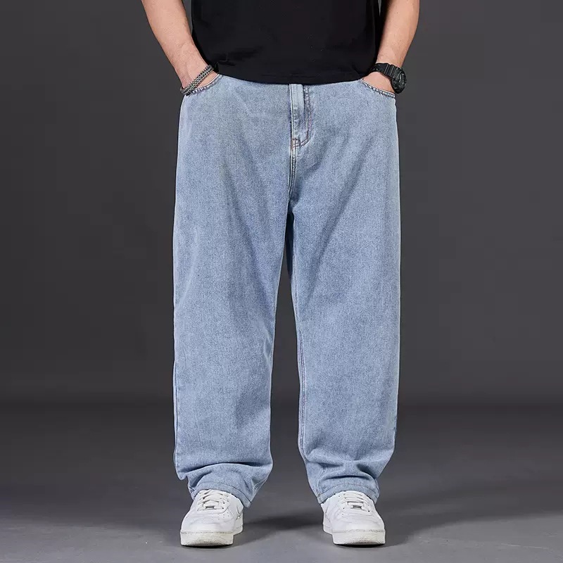Plus size jeans men's autumn plus size men's pants loose straight fat guy wide leg elastic waist trousers