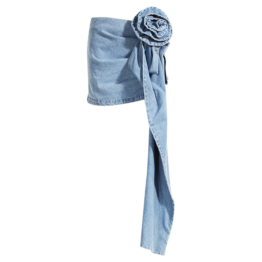 23 spring and summer new denim skirt 3D three-dimensional rose pendant long build high waist hip mini denim overskirt