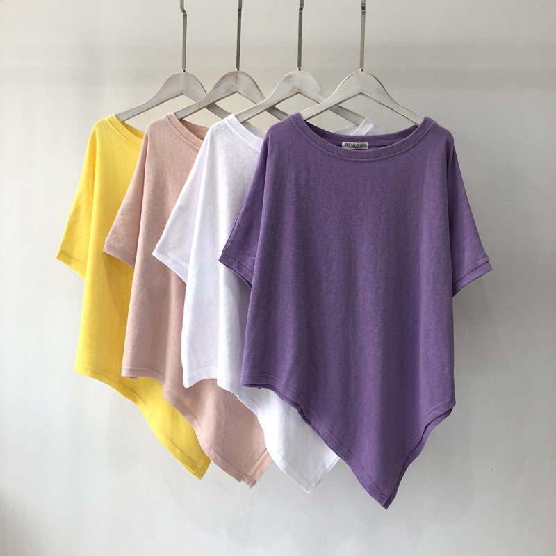 Containing Cotton Solid Color Irregular Hem Summer Short-sleeved T-shirt Women's Loose Round Neck Solid Color Base Shirt Top Women's Clothing