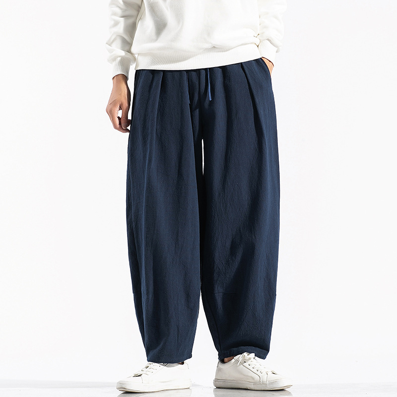 Spring and summer 2021 Men's cotton and linen casual pants loose wide leg Harlan large size Chinese style men's pants wholesale