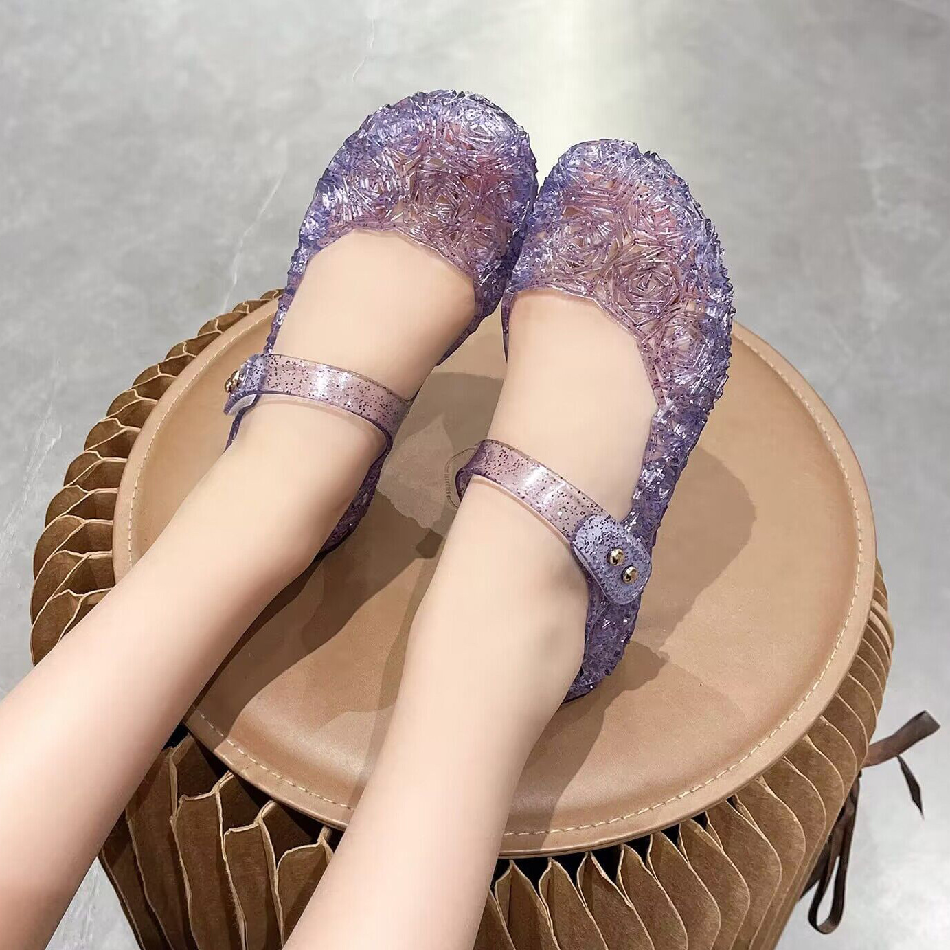 2024 new cross-border crystal jelly children's sandals summer princess shoes mid-high heel crystal baby girls' sandals