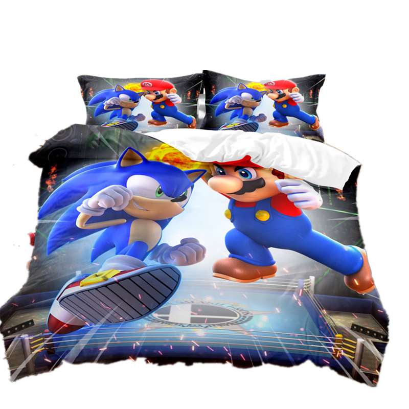 Sonic Sonic Cross-border Cartoon Animation Printed Bed Sheet Quilt Cover Three-piece Set for Drawing and Sample Printing