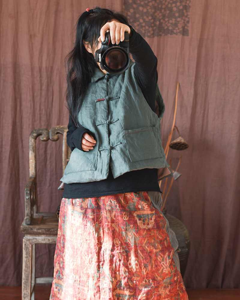 Simo/vêtements pour femmes en coton et lin faits maison gilet en coton à boucle en lin lavé au sable de haute qualité gilet en coton à enroulement rétro_voghion.com