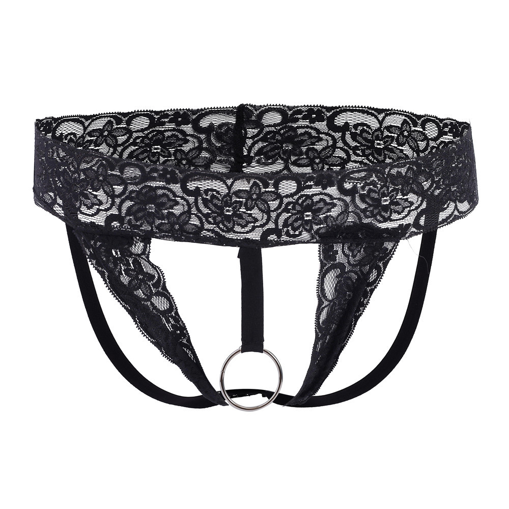 Large Size Sex Men's Underwear Lifting Ring Thongs Sexy Open Crotch Hollow Perspective Lace Double T-pants for Men