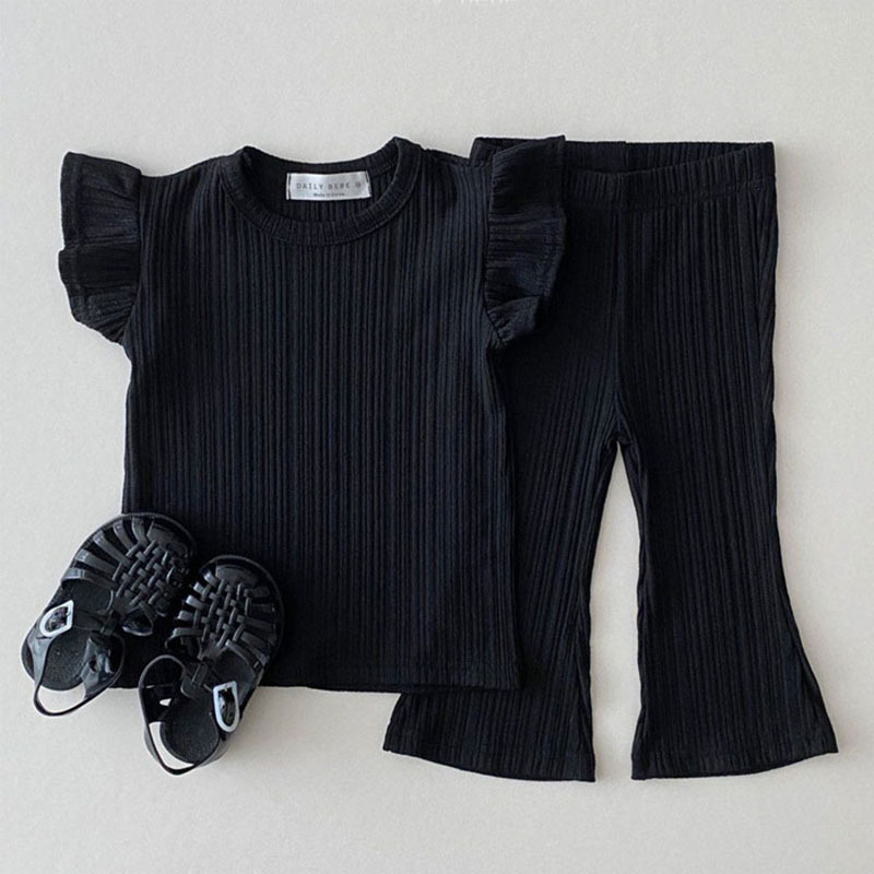 Korean version of baby and young children's clothing cool thin flying sleeve t-shirt + bell-bottom pants fashion Princess suit baby home clothes two pieces