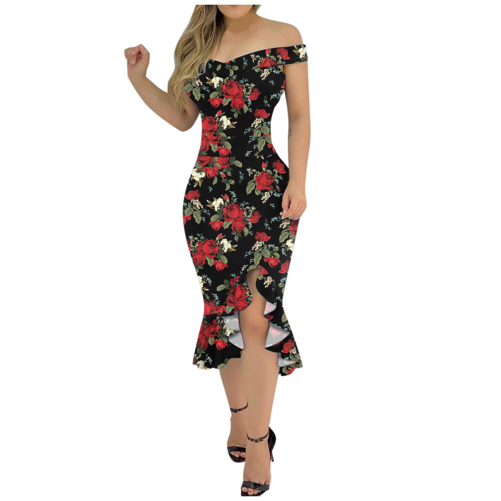 European and American foreign trade 2021 summer sexy off-shoulder non-positioning irregular tight hip printed dress spot