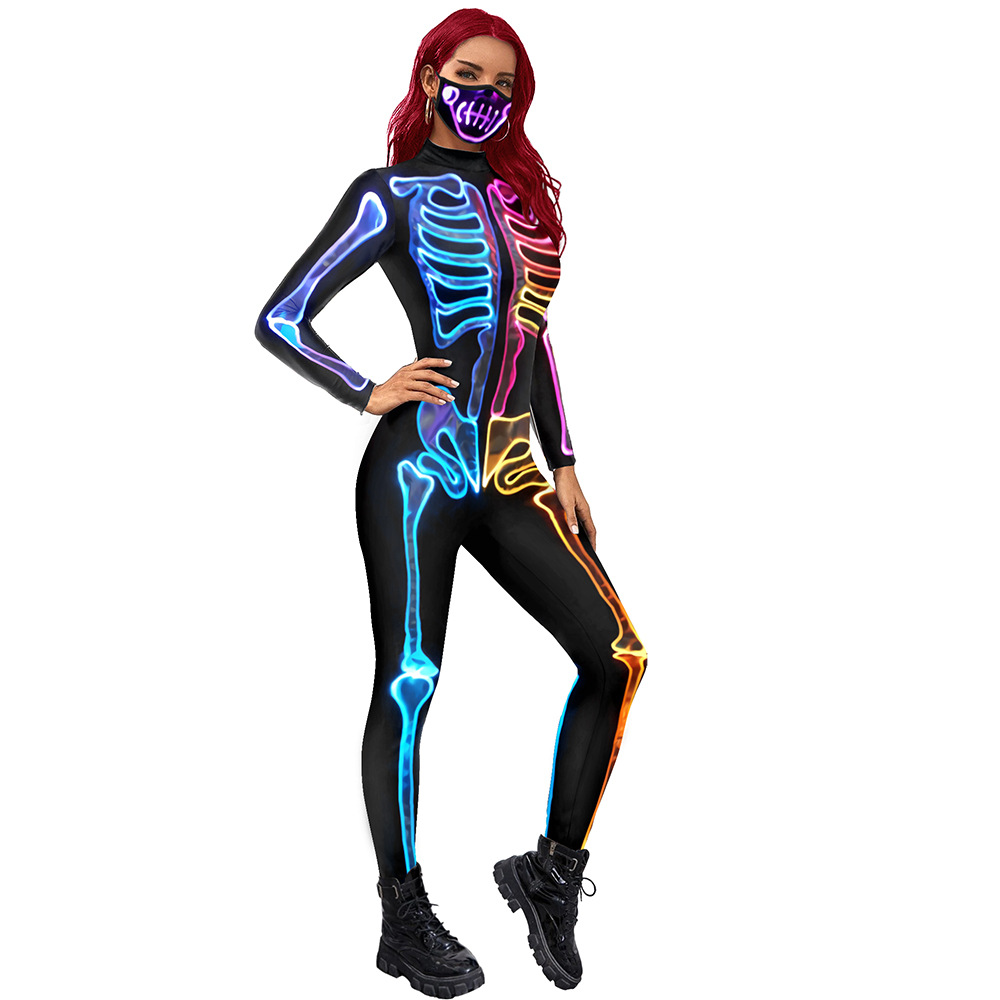 European and American New Color Skeleton Printing cos Halloween Long Sleeve Tights Women's Jumpsuit Stage Performance Clothes