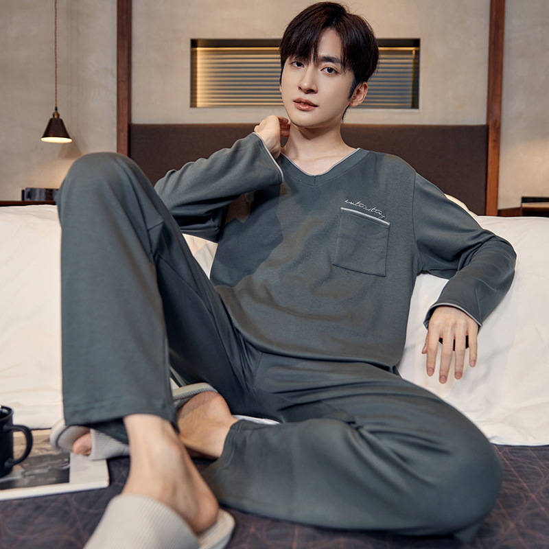 Pure cotton pajamas men's spring and autumn long-sleeved youth solid color casual plus size outerwear homewear dad suit