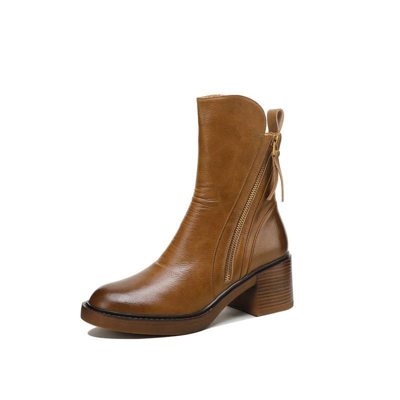23 Autumn New genuine leather thick bottom round toe brushed double zipper Martin boots Women's thick heel platform Brown retro short boots