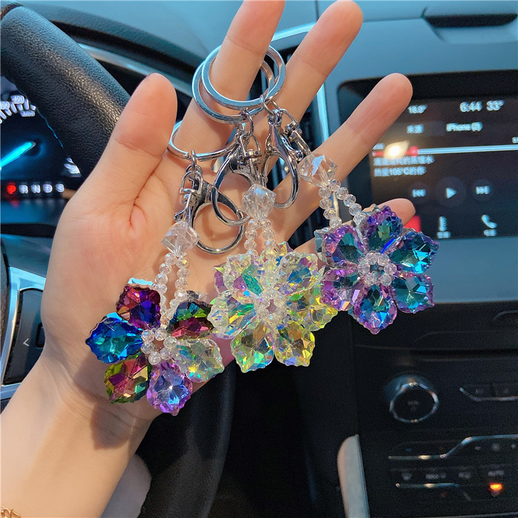 水晶小雪花汽車鑰匙扣網紅簡約個性鑰匙鏈女士包包掛件小清新禮物