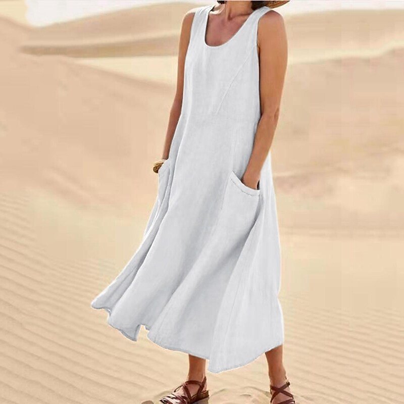 2024 summer pocket sleeveless round neck Women's cotton linen dress
