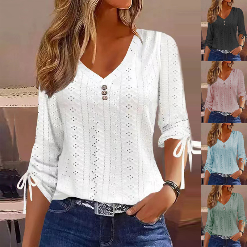 2023 Autumn and Winter Europe and America Amazon TEMU Independent Station Cross-border New Solid Color Jacquard Button Long Sleeve T-shirt Top