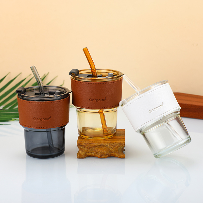 Slub cup gift water cup household glass net popular high-value leather case heat insulation suction cup can be printed logo wholesale