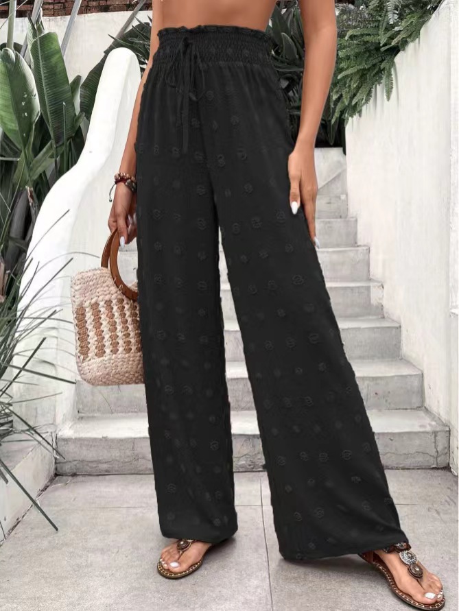 2023 European and American Foreign trade new casual micro elastic loose high waist jacquard casual pants wide leg pants trousers for women