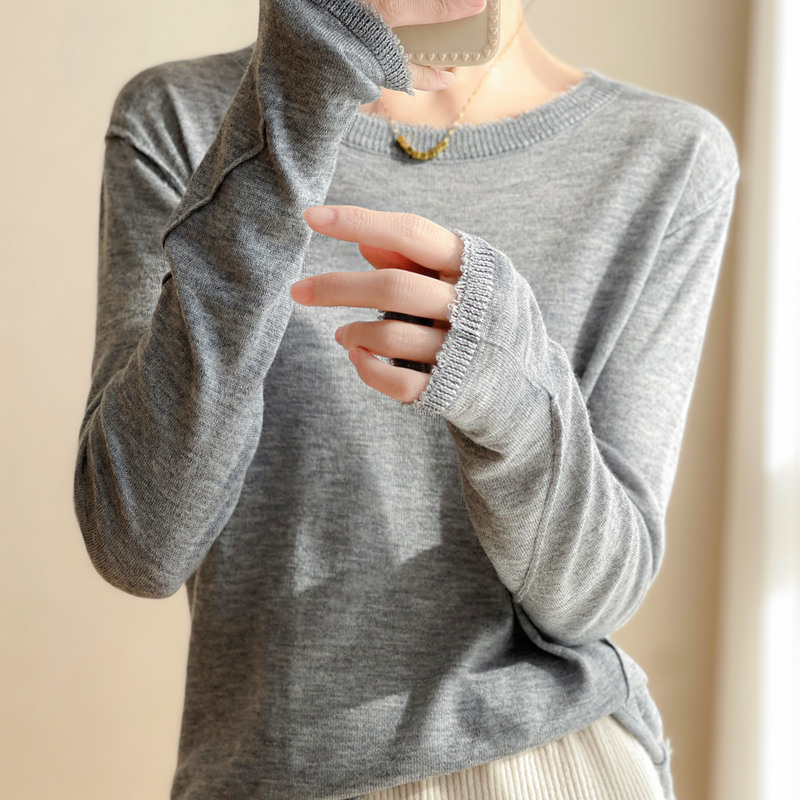Worsted Merino Superfine Wool Texture Soft Waxy Crewneck Knitted Base Shirt Women's Middle Neck Inner Pullover Sweater for Winter