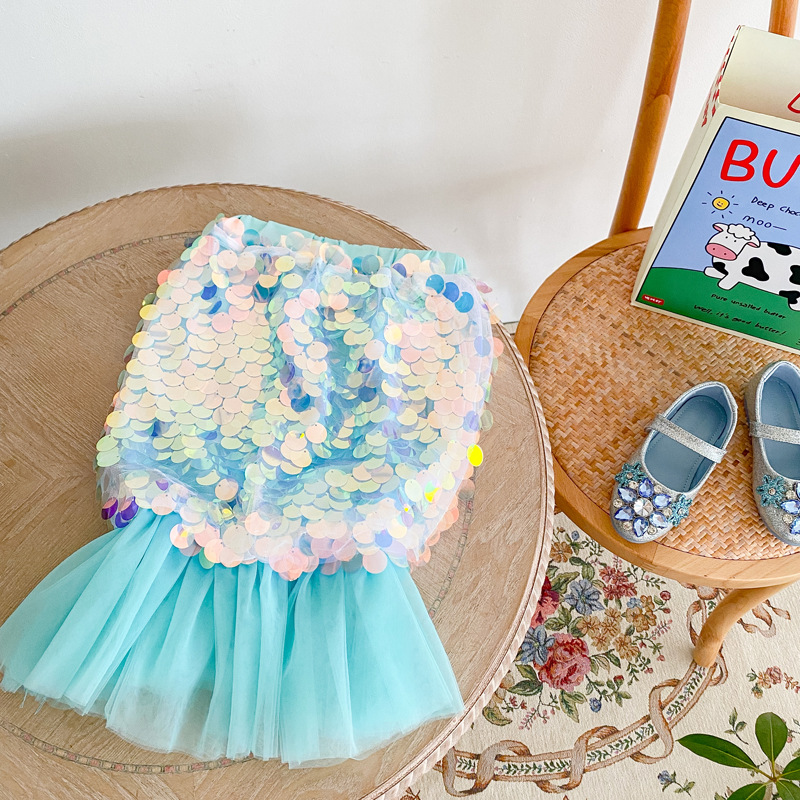 Girls 2023 Spring and Summer New Parent-Child Children's Skirt Mesh Sequin Fishtail Skirt Baby Mermaid Princess Skirt
