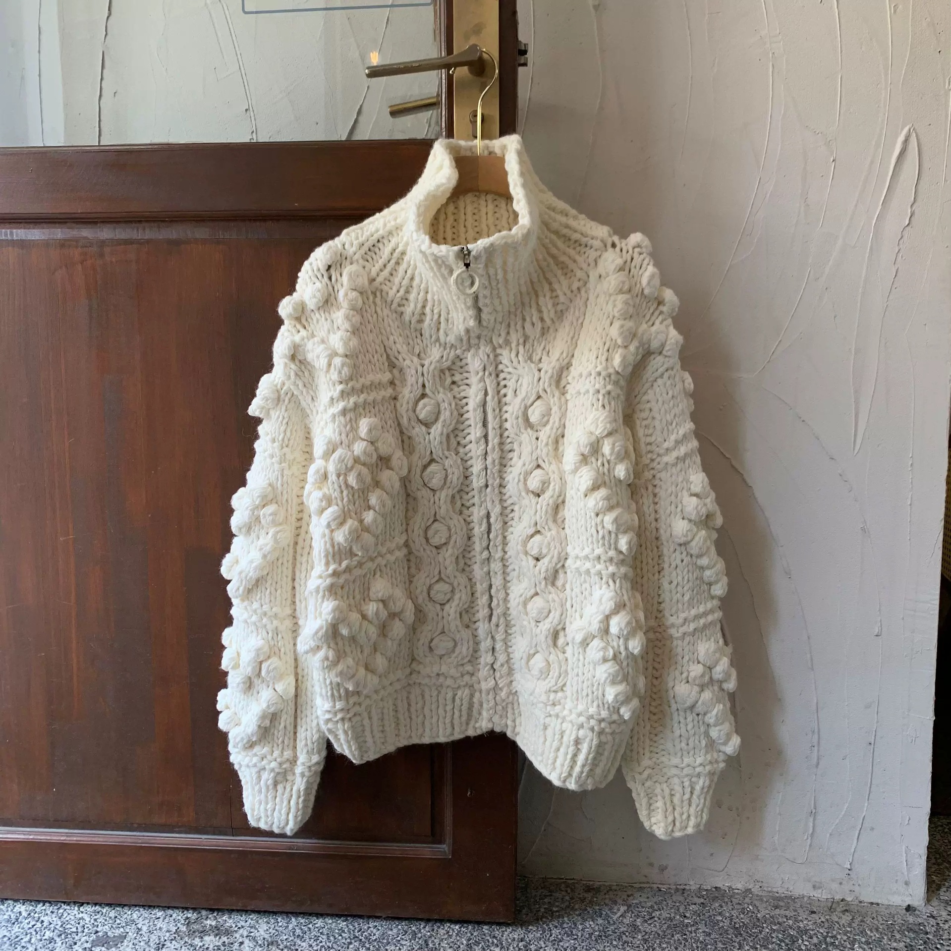 Autumn and Winter Design feeling lazy style loose thickened all-match turtleneck white handmade ball sweater coat knitted cardigan_voghion.com