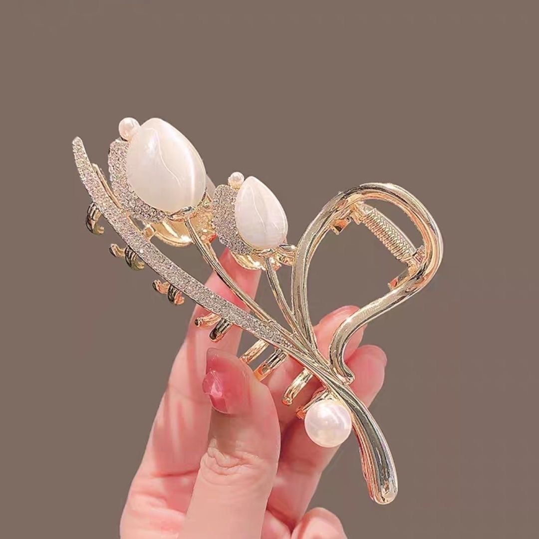 New Cat's Eye Stone Tulip Grab Clip Elegant Elegant Shark Clip High-class One-word Back of Head Large Hair Clip_voghion.com