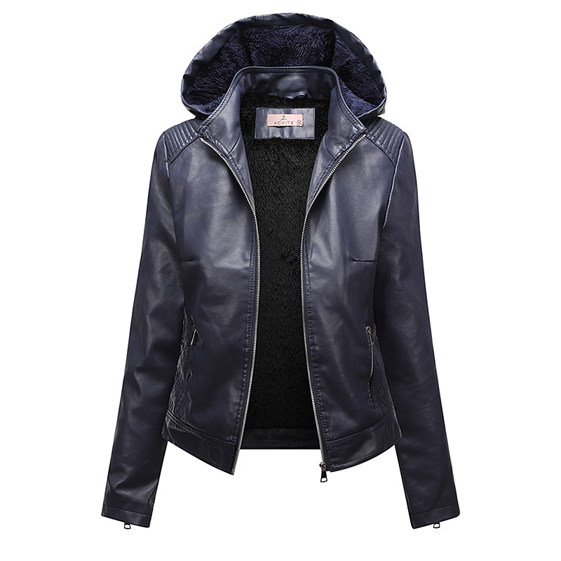 6XL Cross-border Hooded Fleece-lined Leather Jacket Women's Wear Removable Large Size Leather Jacket Women's Spring and Autumn Coat Women's PU Washable Leather