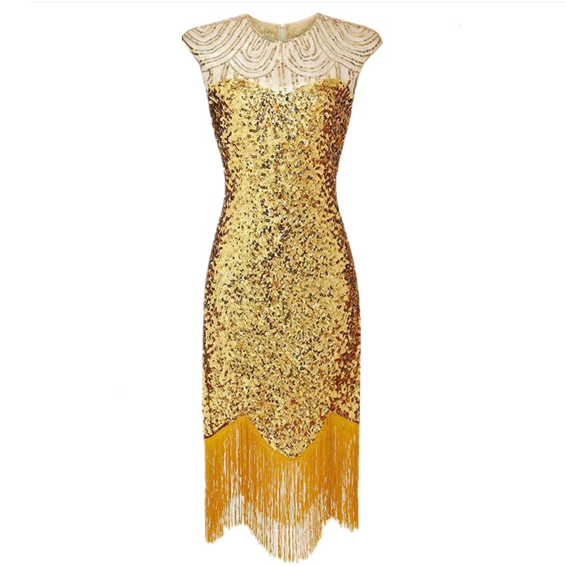 Amazon Explosive Banquet Evening Dress 1920 Vintage Sequin Tassel Dress Large Size Solid Color Stage Performance Dress