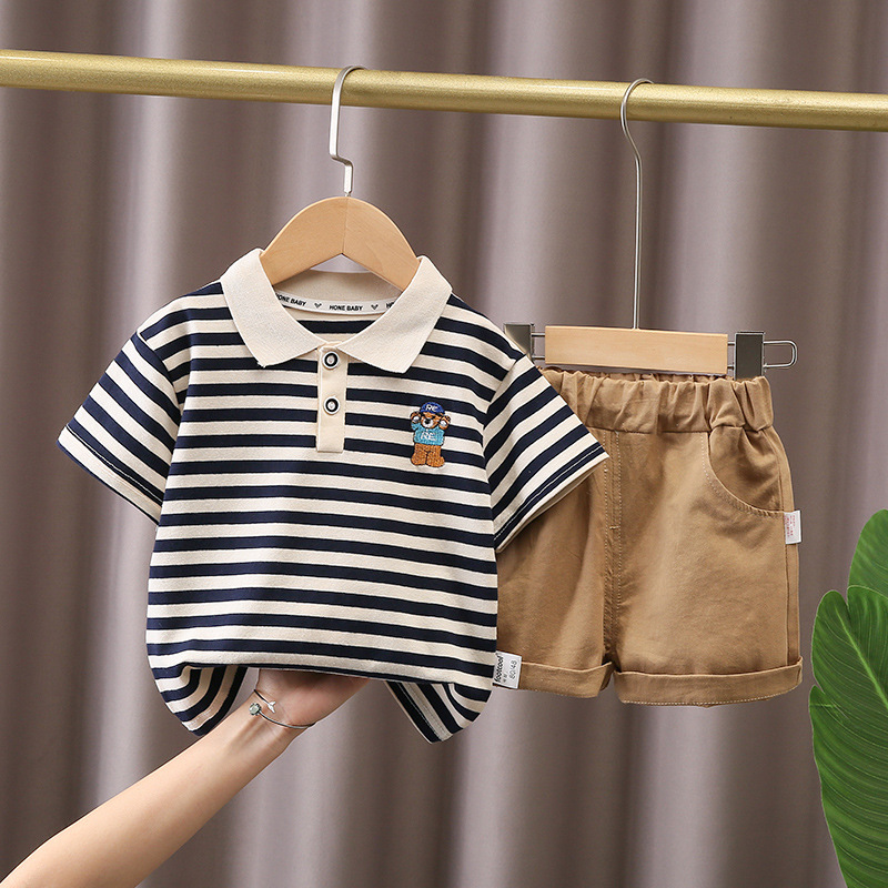Children's clothing New Fashion children's baby two-piece short sleeve embroidered letter striped suit 01-2-3-4-5 years old half