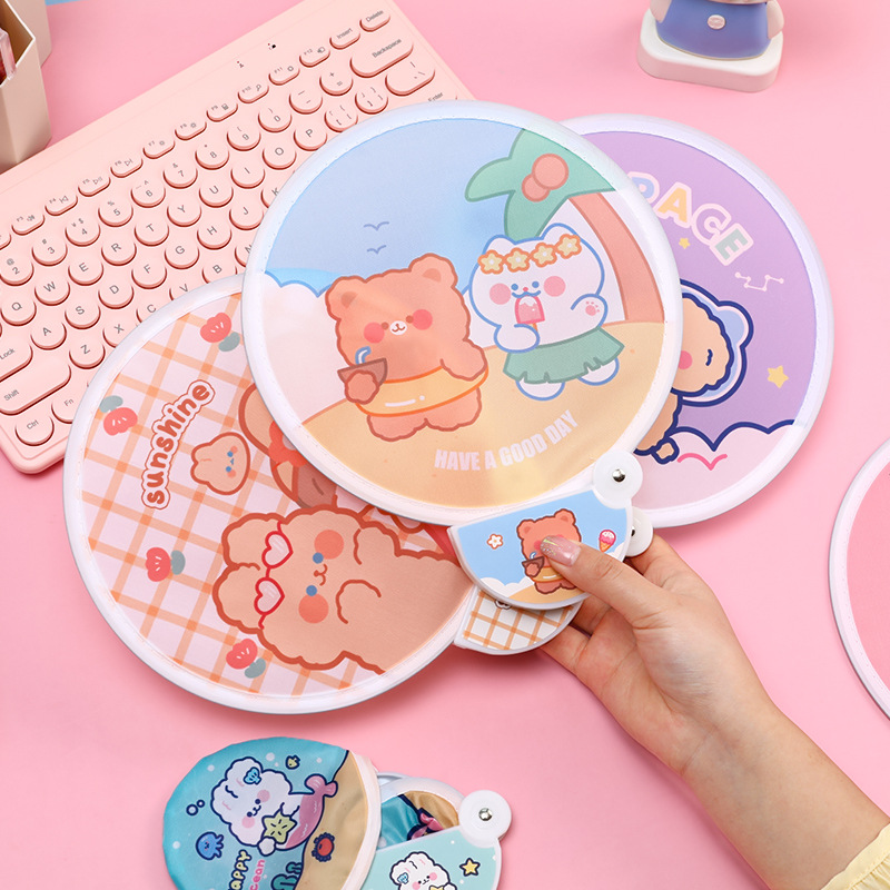 Cartoon Folding Round Fan Cute Ins Girl Portable Small Round Fan Student Outdoor Portable Cloth Mini Fan