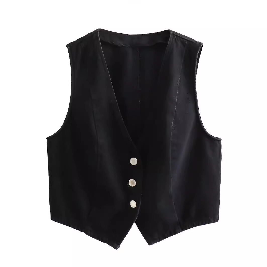 Spring and Summer 2024 Casual Women's Solid Color Buckle Decorative Stitching Short Denim Vest High Waist Split Straight Skirt