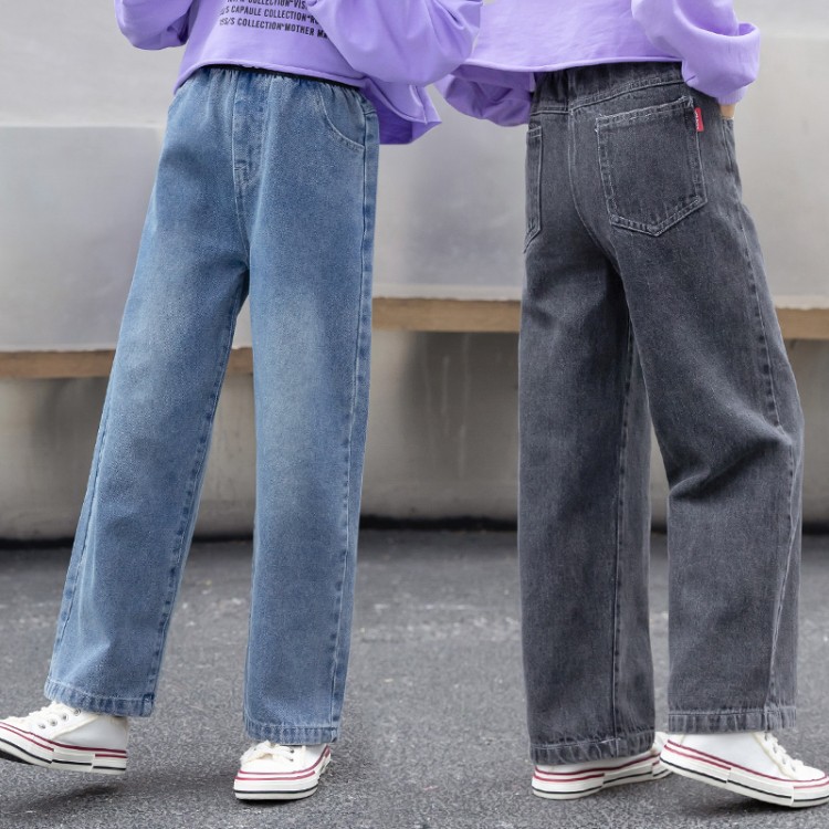 Girls' Jeans Large Children's Loose Western Style Children's Pants 2022 Autumn and Winter Children's Fleece-Lined Wide-Leg Pants Korean Style Children's Fashion