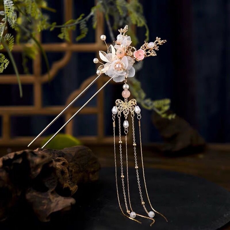 2024独立包装セットの髪の冠の女性の手作りの花の時代の金色の顔の小さい白水晶の漢服の装飾品|undefined