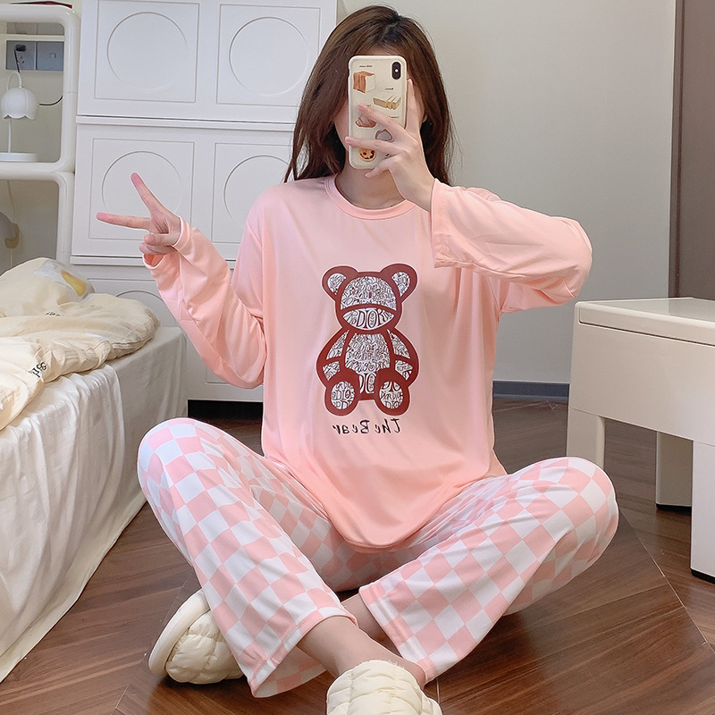 Pajamas for women autumn long-sleeved trousers two-piece set Korean style cute cartoon casual loose can be worn outside home clothes set