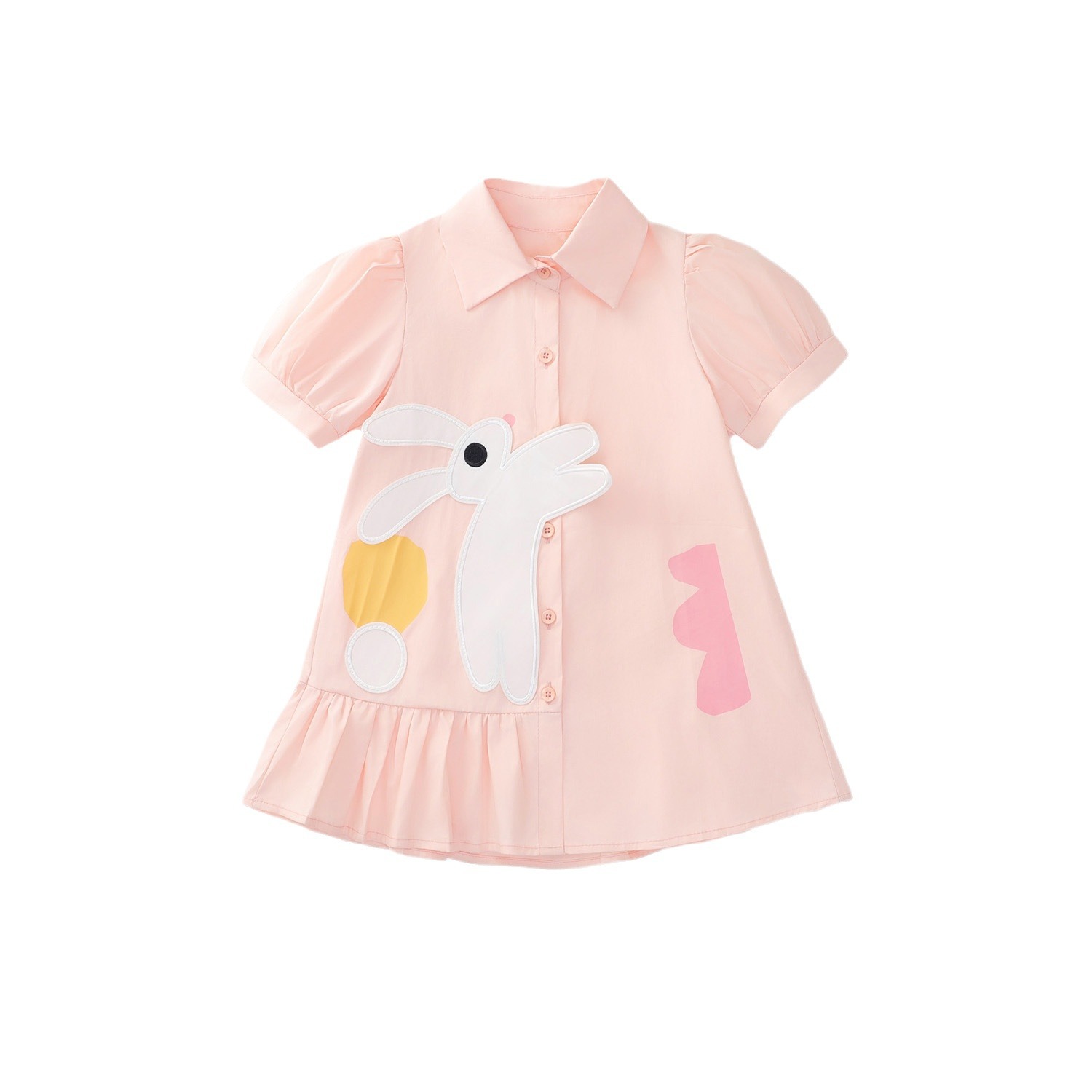 Jera Children's Wear Girls Pink Rabbit Sweet Style dress 2024 Summer New Children's Korean Style Short-sleeved Shirt Dress