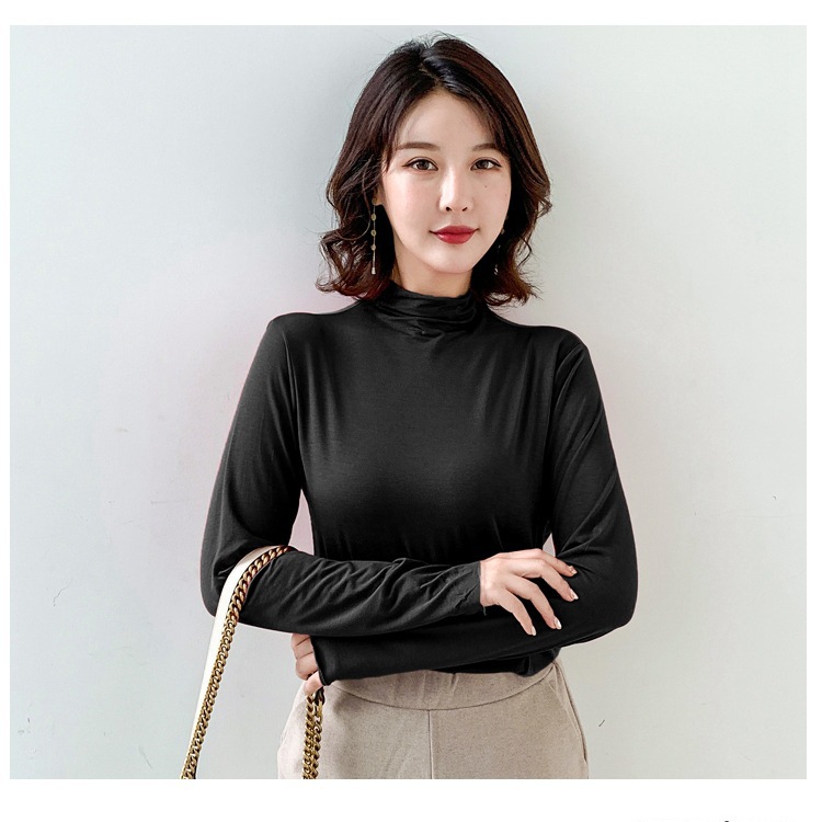 2023 Early Spring New Modal Half High Collar Base Shirt Korean Women's Long Sleeve Top Solid Color Inner Mask T
