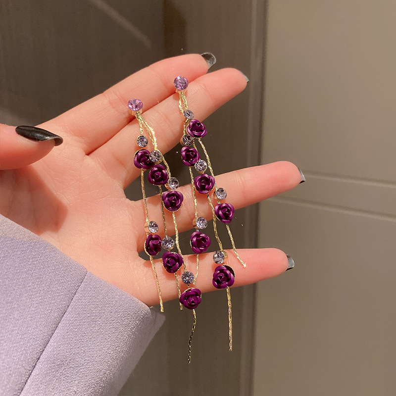 4# Silver Needle-purple flower earrings